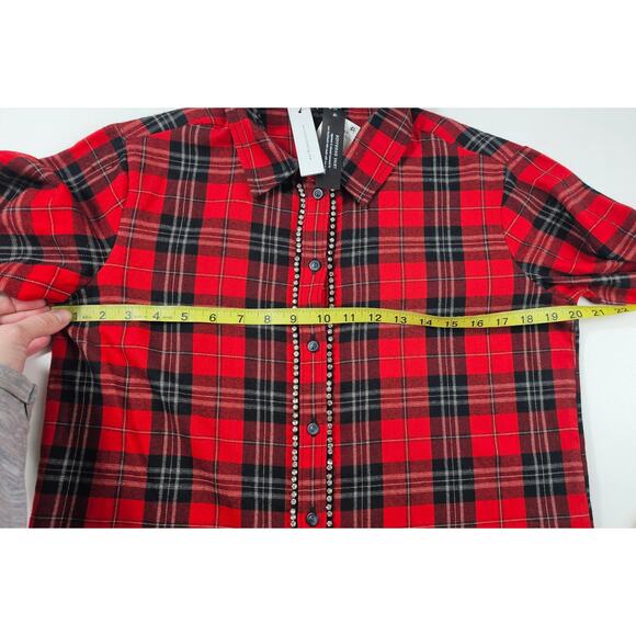 NWT Sanctuary Rockstar Rhinestone Stud Boyfriend Red XS bling plaid button up - Picture 8 of 9